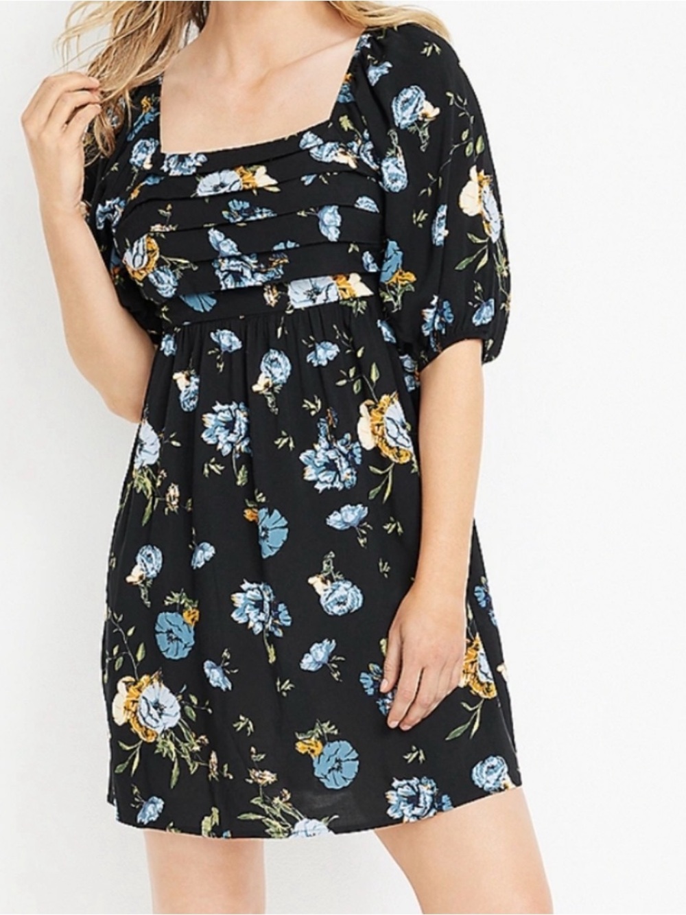 Maurices Black Floral pleated Puff Sleeves mini dress